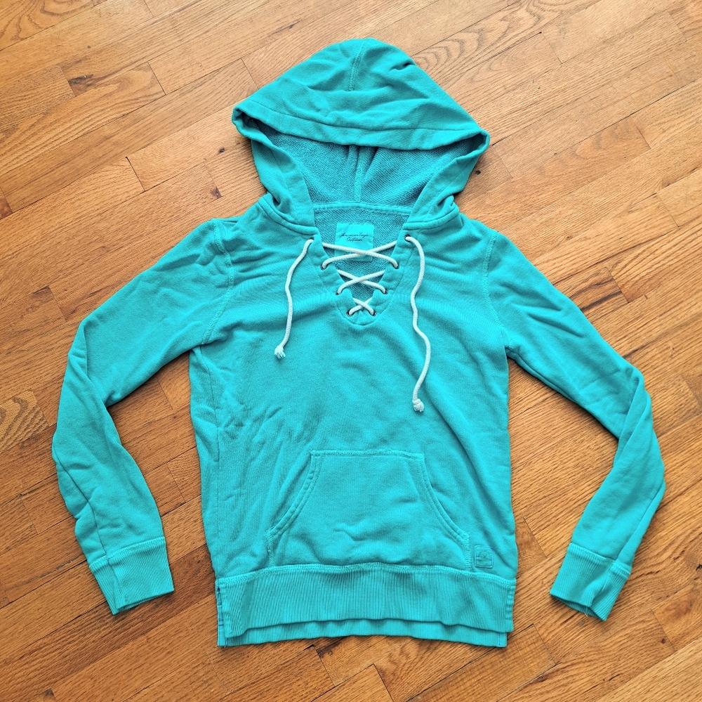 American Eagle Outfitters Teal Lace-Up Hoodie Sz XS